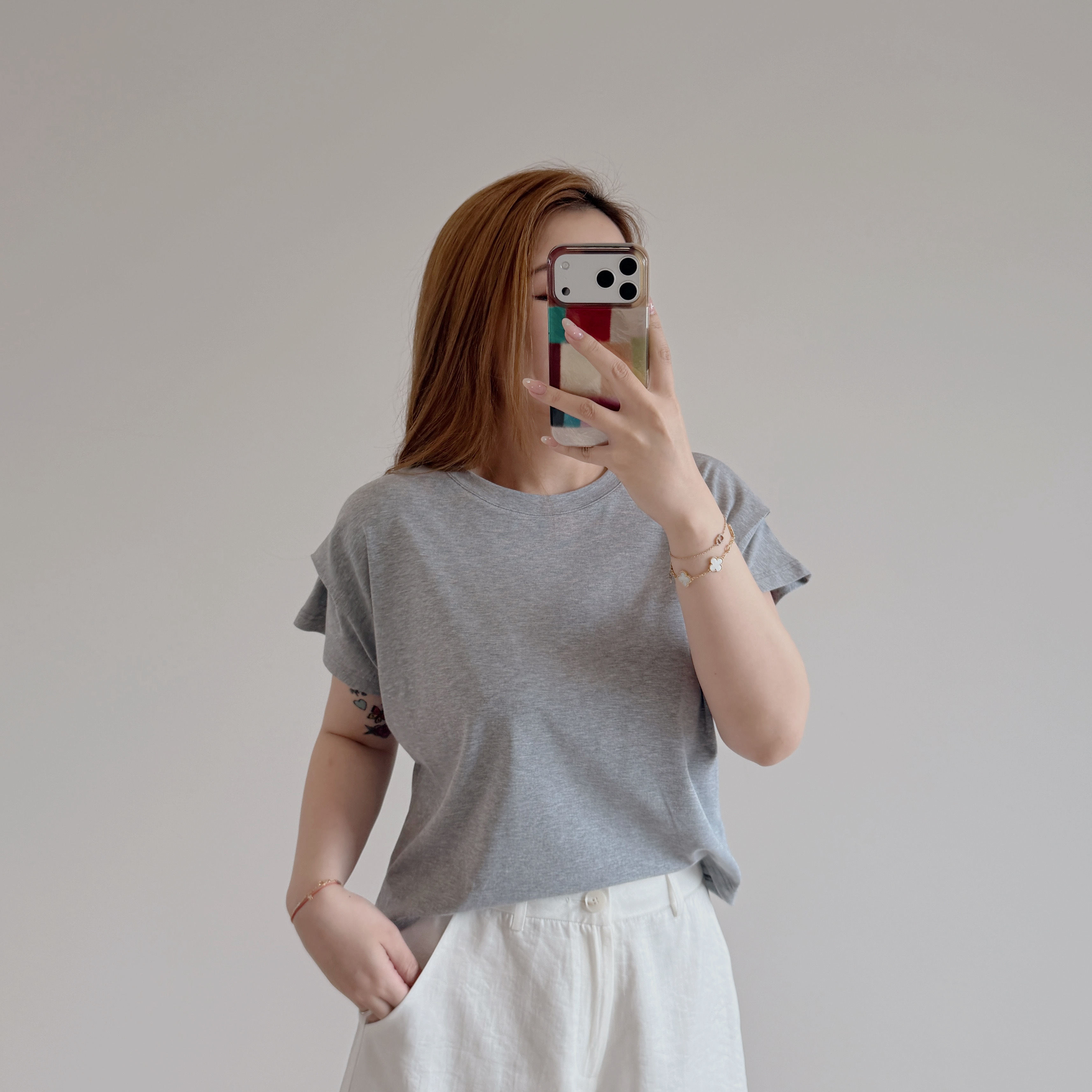 現貨 7406 花灰飛飛袖圓領Tee