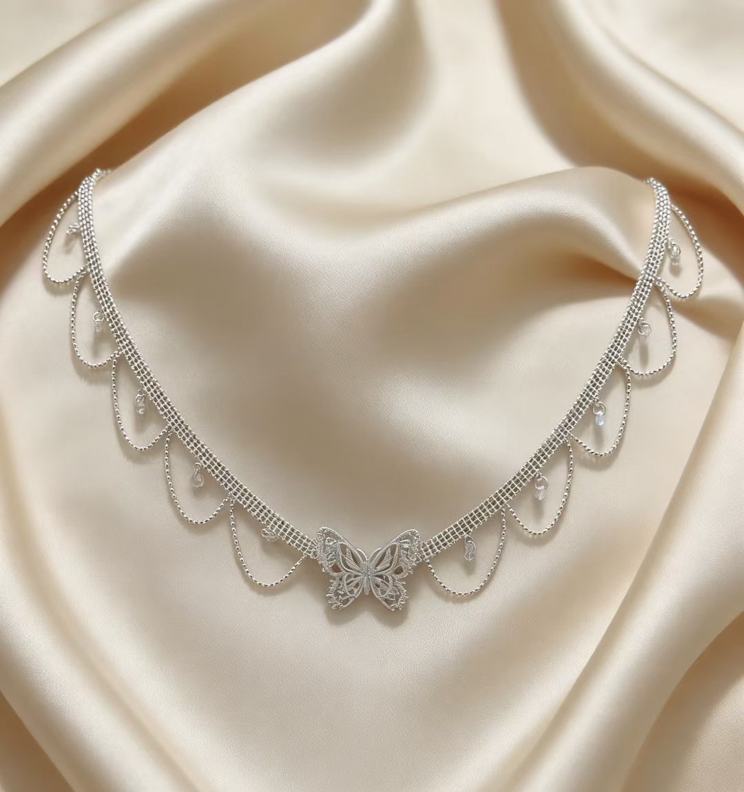 (AL1)蝴蝶蕾絲 項鏈 S925 厚銀- #X0250901 #AP2604