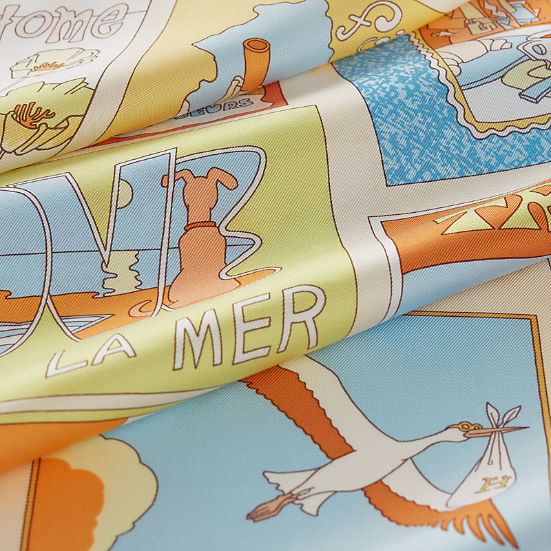 HERMES On Est Bien Ici ! Scarf 90 orange / bleu ciel / crème