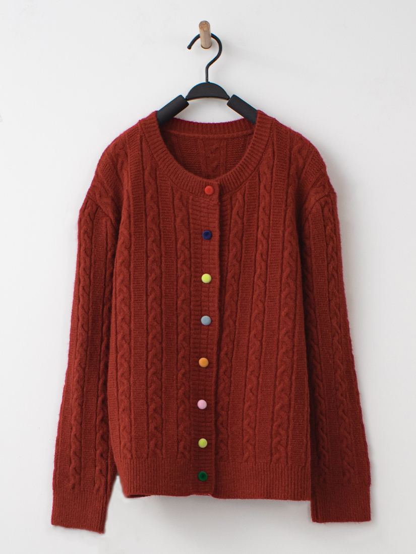 麻花織紋彩色絨釦針織上衣