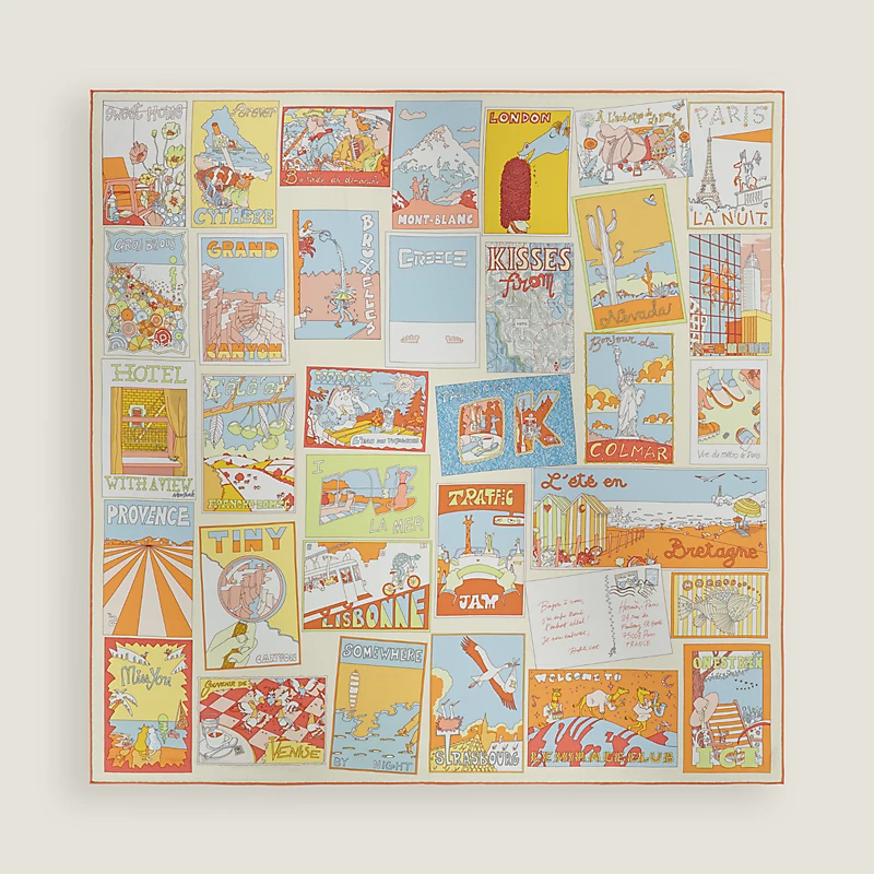 HERMES On Est Bien Ici ! Scarf 90 orange / bleu ciel / crème