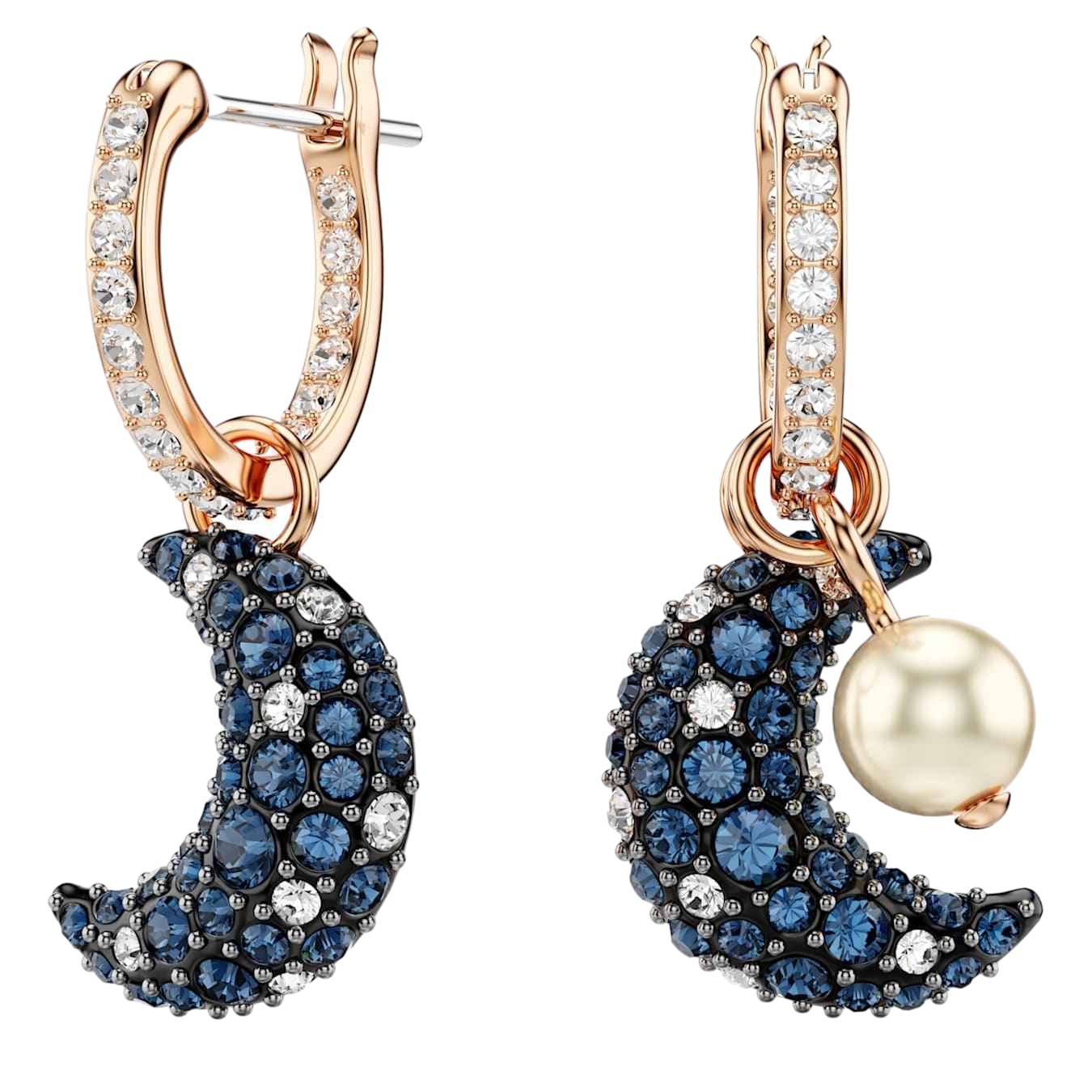 【Swarovski】Sublima 水滴形耳環 水晶珍珠, 非對稱設計, 月亮, 漸層色, 鍍玫瑰金色調  玫瑰金