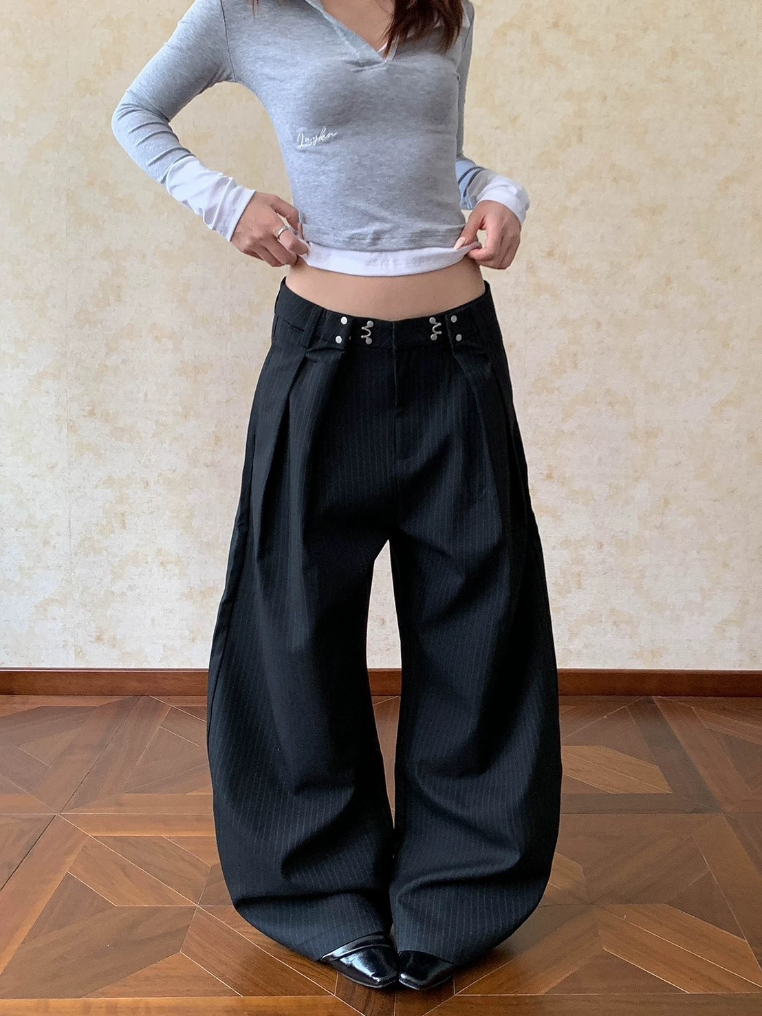 (GOAL)打褶條紋西裝落地彎刀褲 CK6857