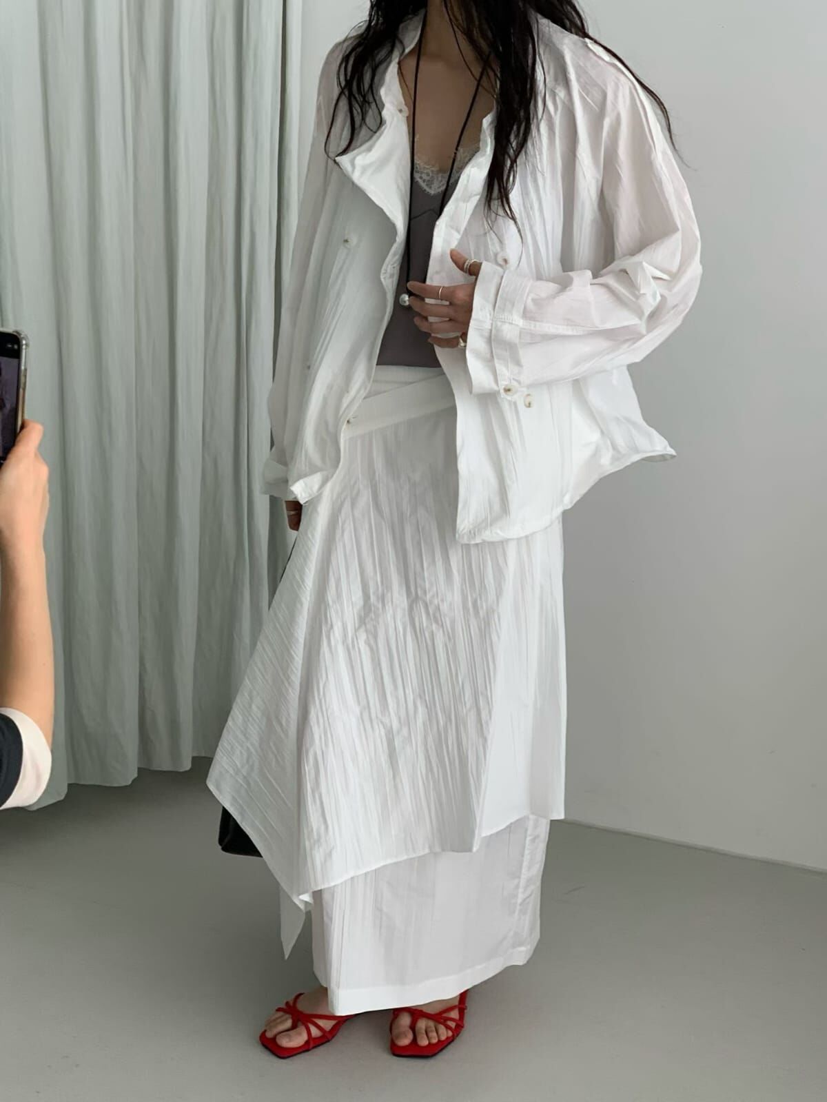 MR6019 方扣腰帶雙排扣皺皺襯衫