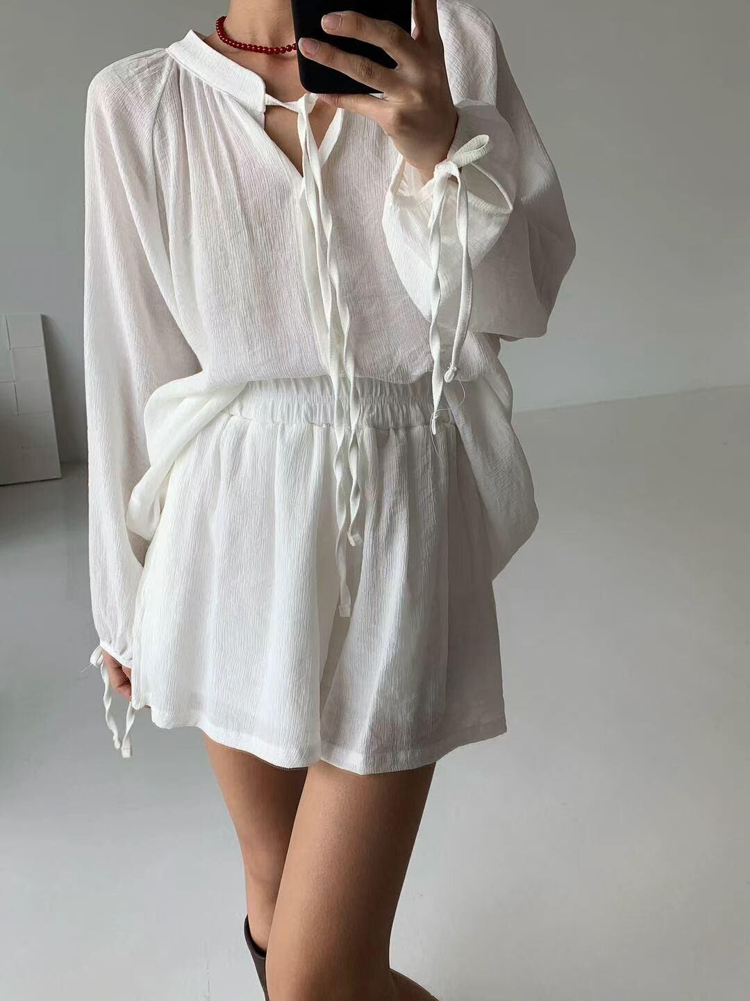 XQ048 高腰壓紋雪紡短褲