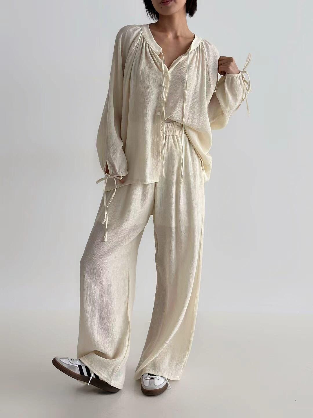 XQ047 泡泡壓紋全橡筋長褲