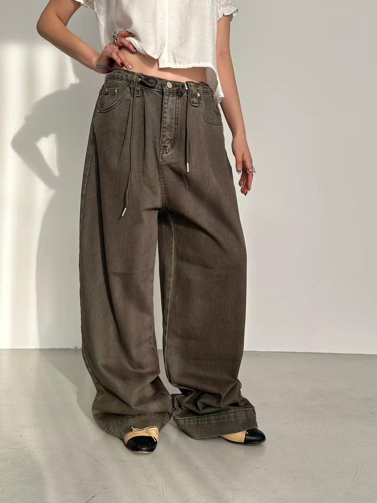 XQ028 深咖啡色寬版牛仔褲 (One size)