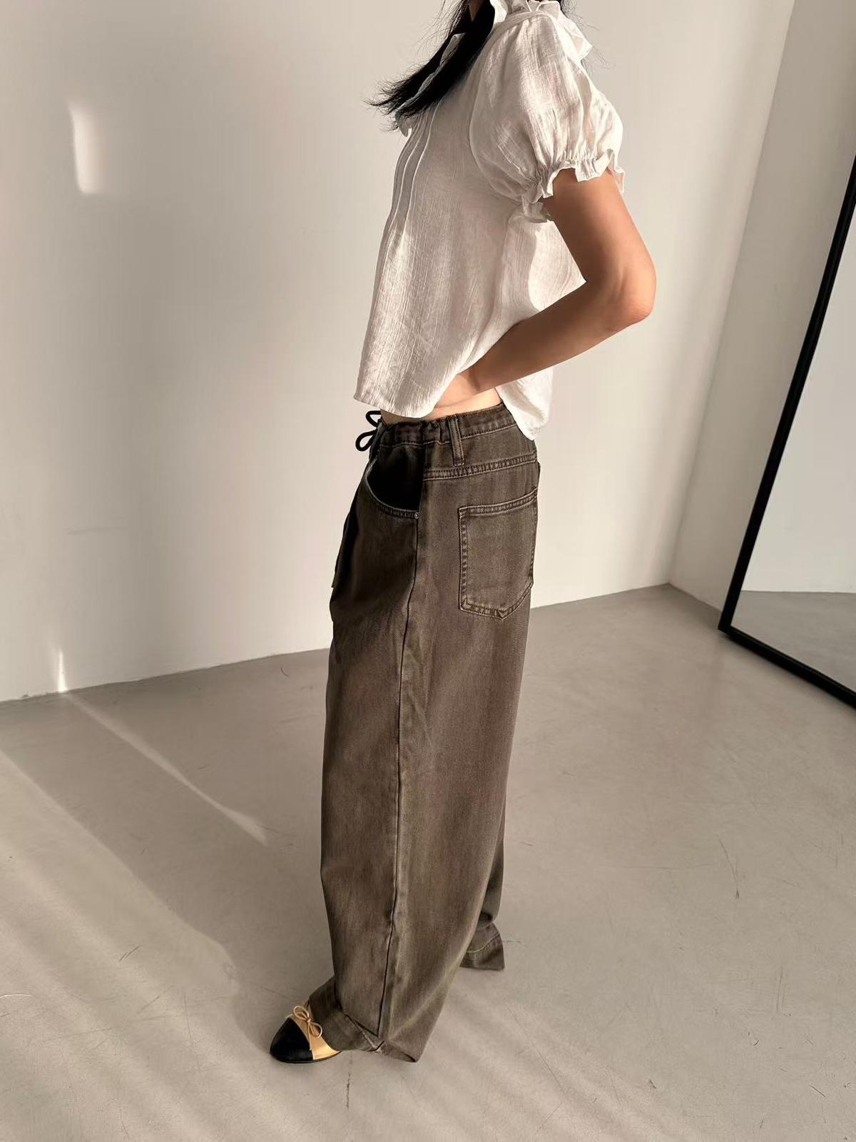 XQ028 深咖啡色寬版牛仔褲 (One size)