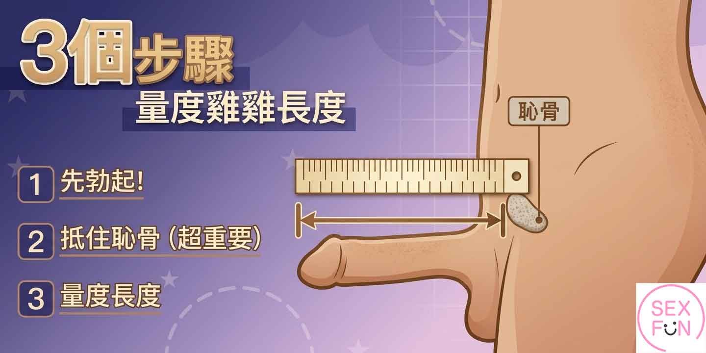 如何量度自己的雞雞的步驟。有一把尺子抵住恥骨位置的結構圖。>
</figure>
<h3>
<span style=