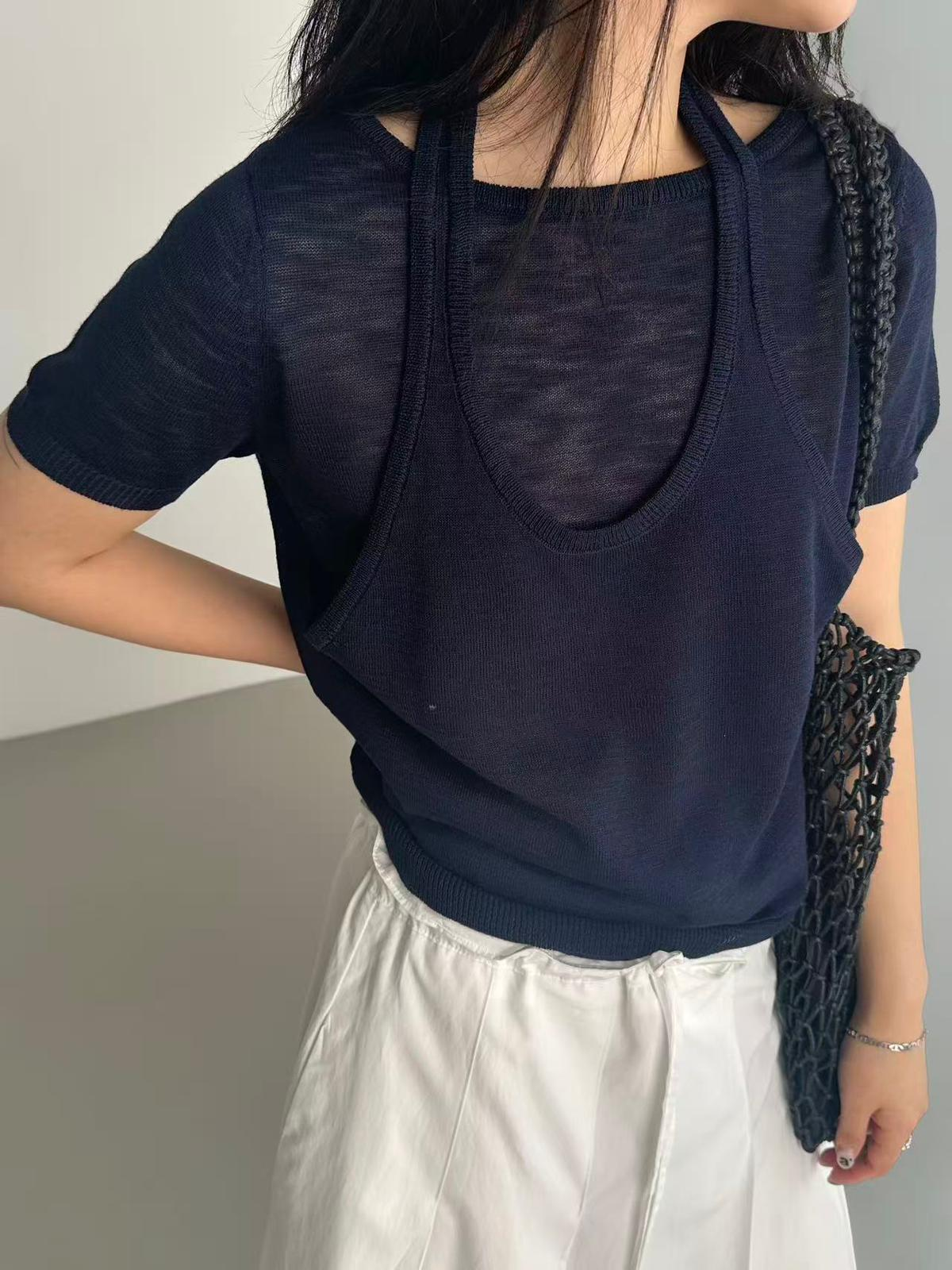 XQ024 透膚短袖繞頸掛脖背心 套裝