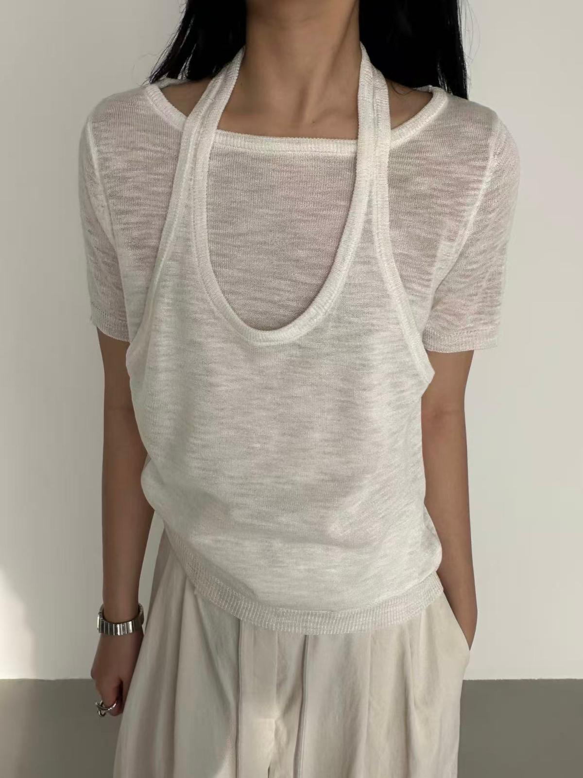 XQ024 透膚短袖繞頸掛脖背心 套裝