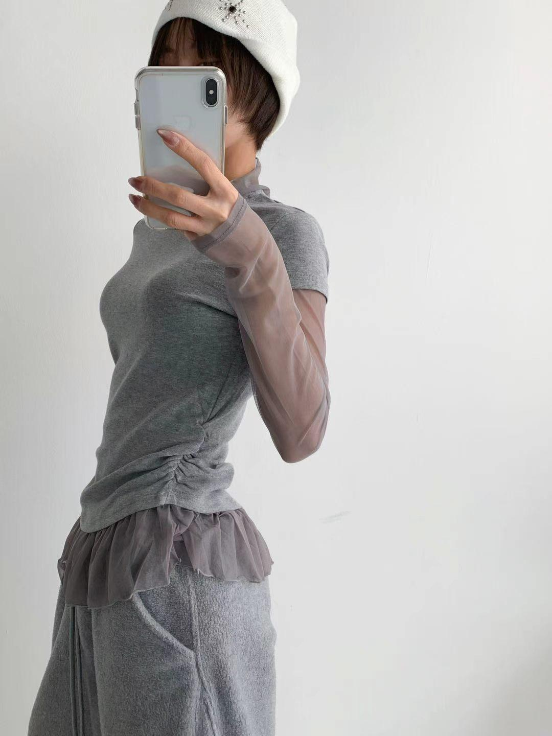 XQ043 假兩件拼接荷葉邊上衣