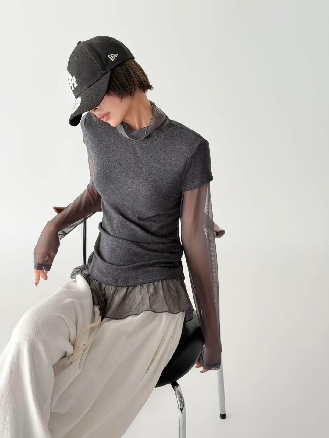 XQ043 假兩件拼接荷葉邊上衣