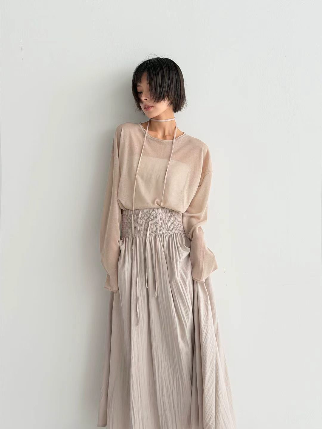 XQ041 透膚蝴蝶綁帶上衣