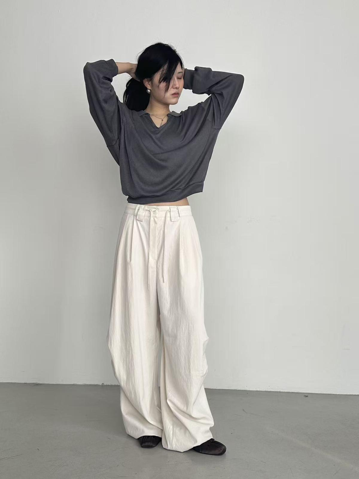 XQ031 抽繩打褶寬版長褲