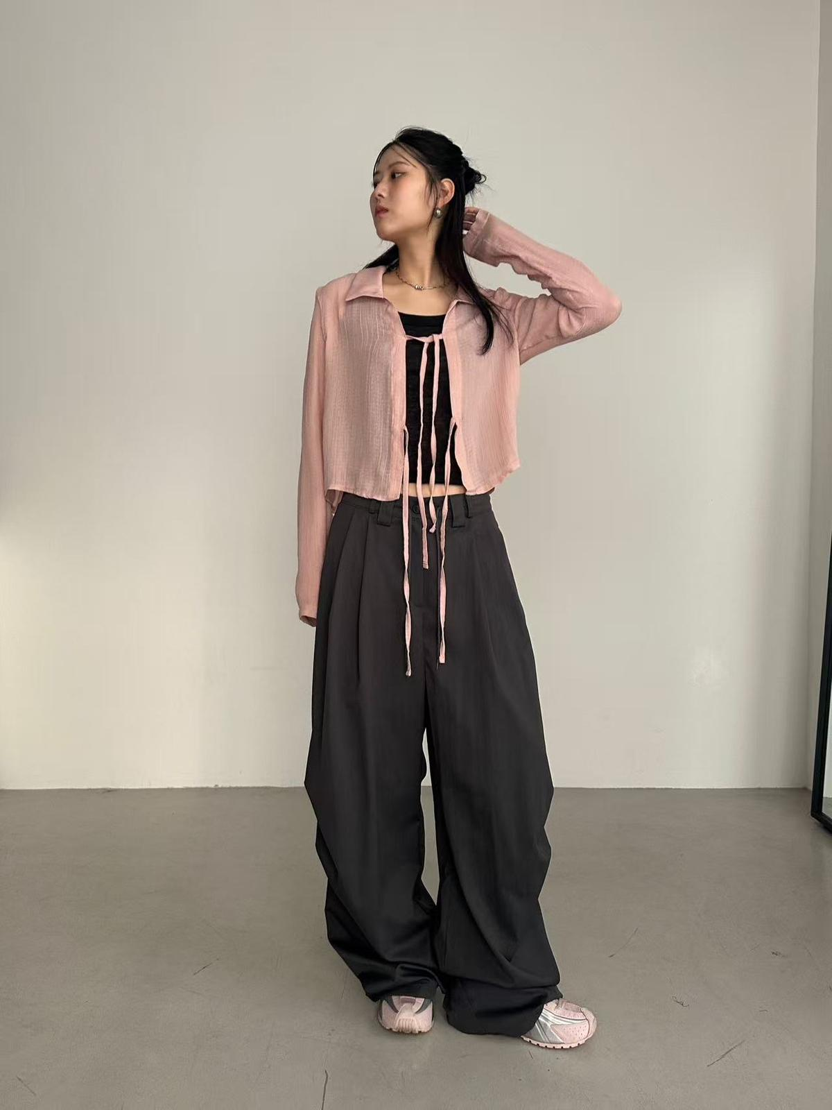 XQ031 抽繩打褶寬版長褲