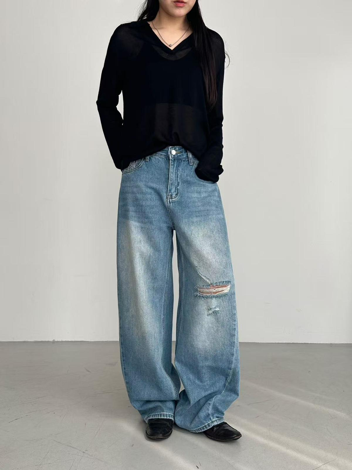 XQ032 復古高腰破洞寬版牛仔褲