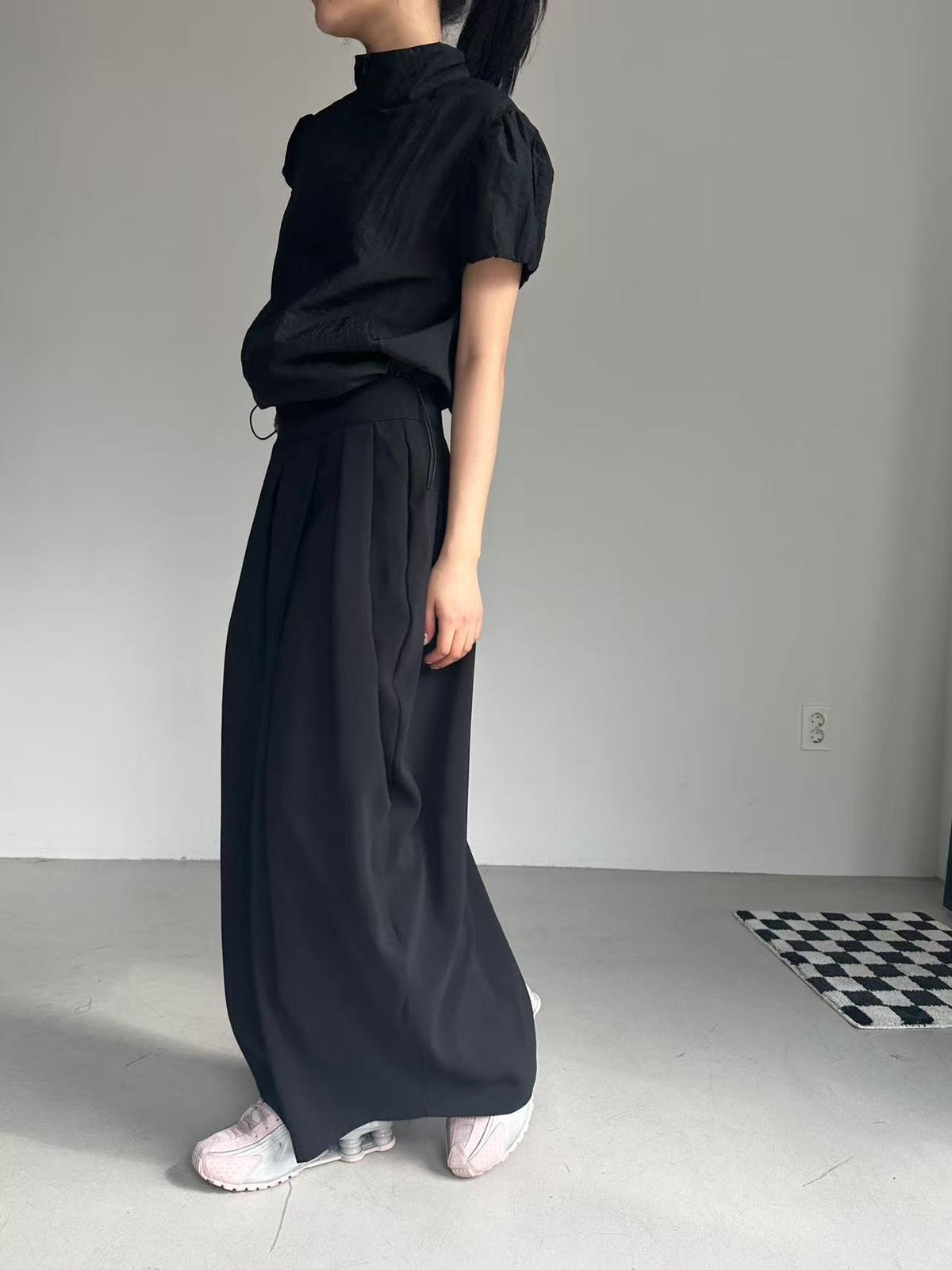 XQ034 黑色打褶寬版長褲