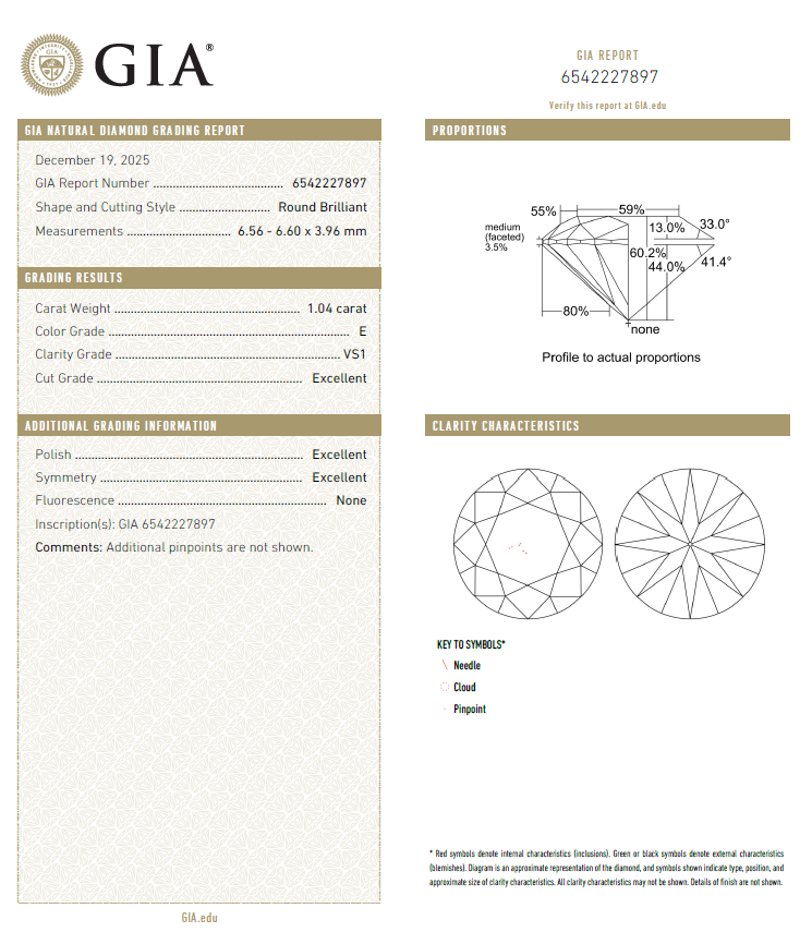 GIA鑽石 1.04 E VS1 3EX NON