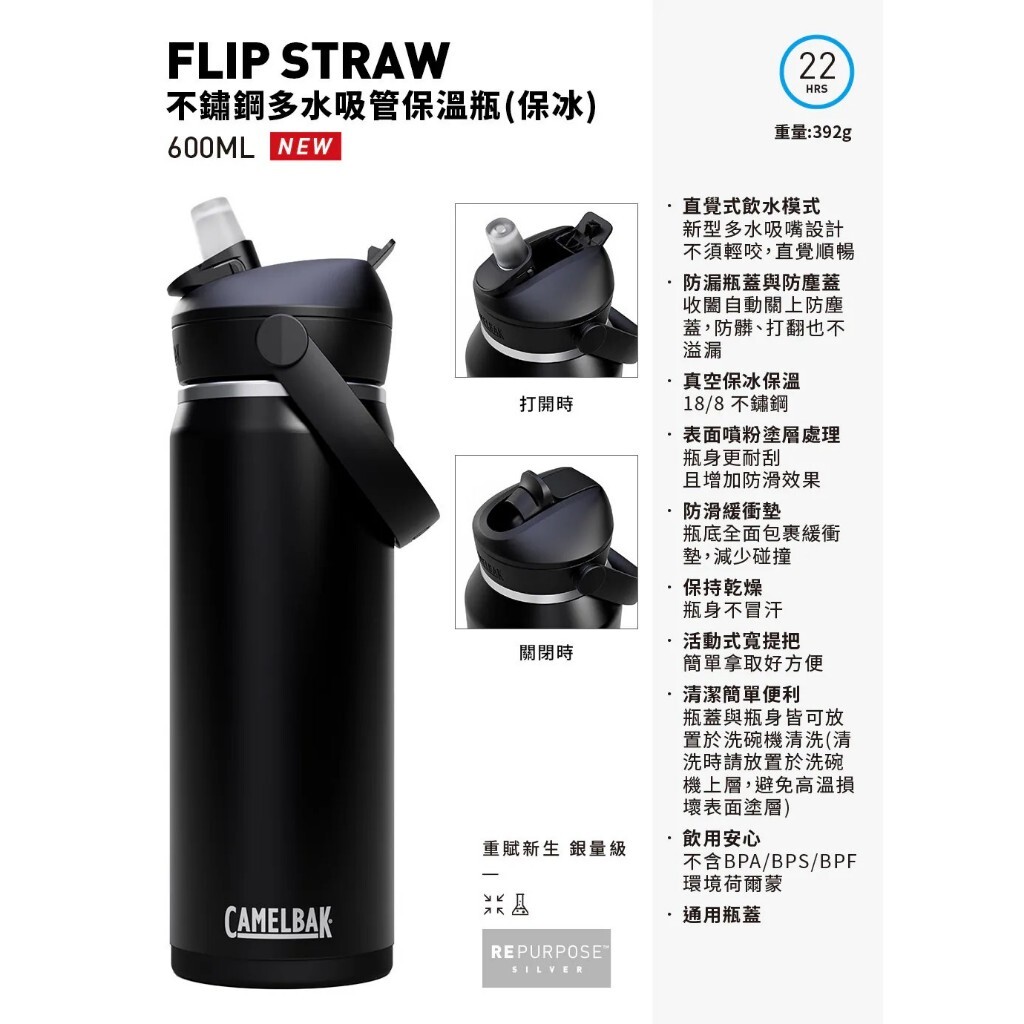 【樂森藥局】CAMELBAK Flip Straw 不鏽鋼多水吸管保溫瓶(保冰) 600ml