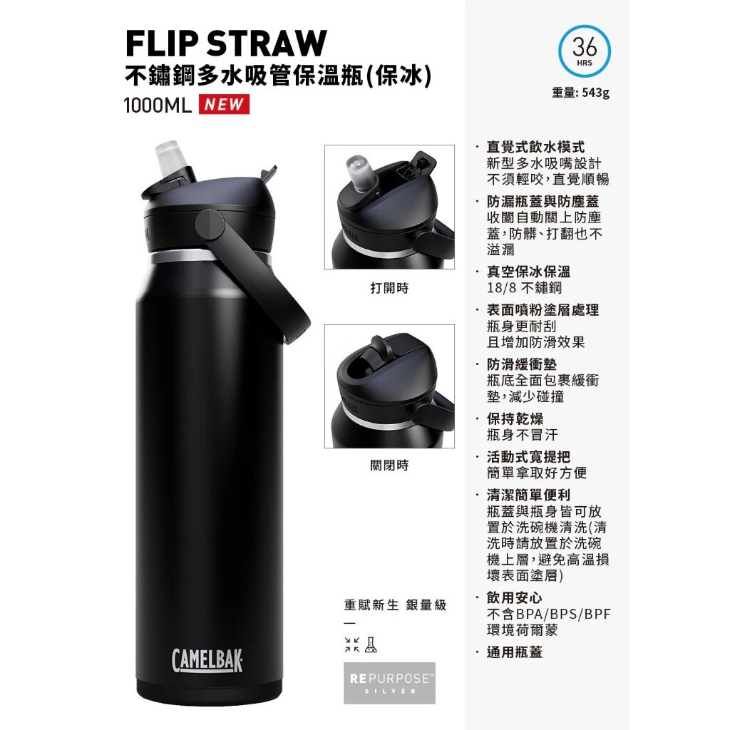 【樂森藥局】CAMELBAK Flip Straw 不鏽鋼多水吸管保溫瓶(保冰) 1000ml
