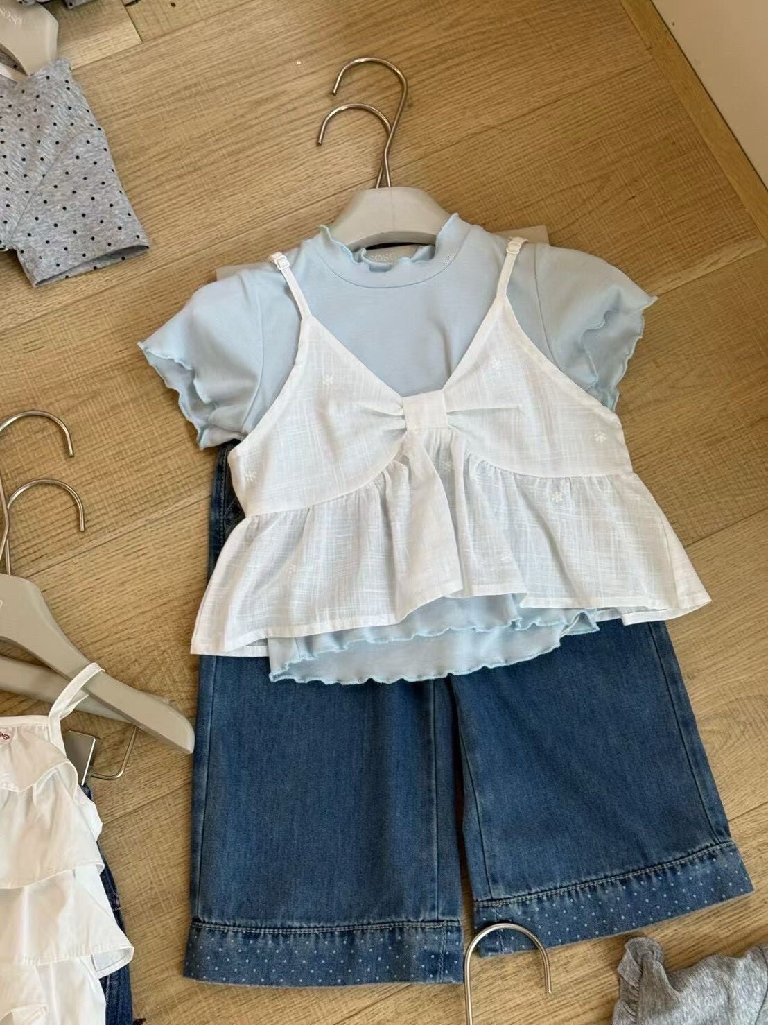 點點拼接牛仔寬褲