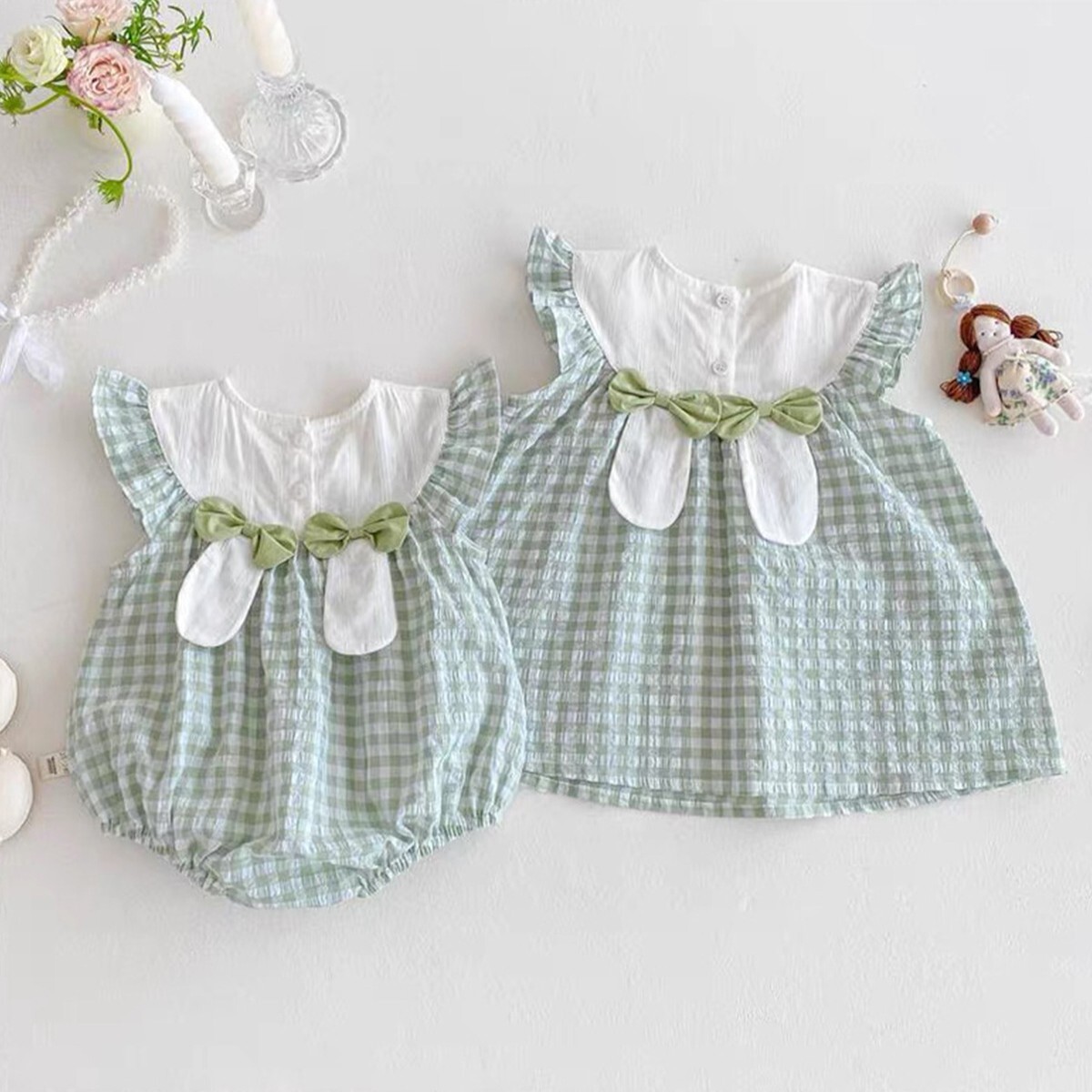 【H0599】清新格子刺繡小兔飛袖包屁衣/洋裝(66-100)
