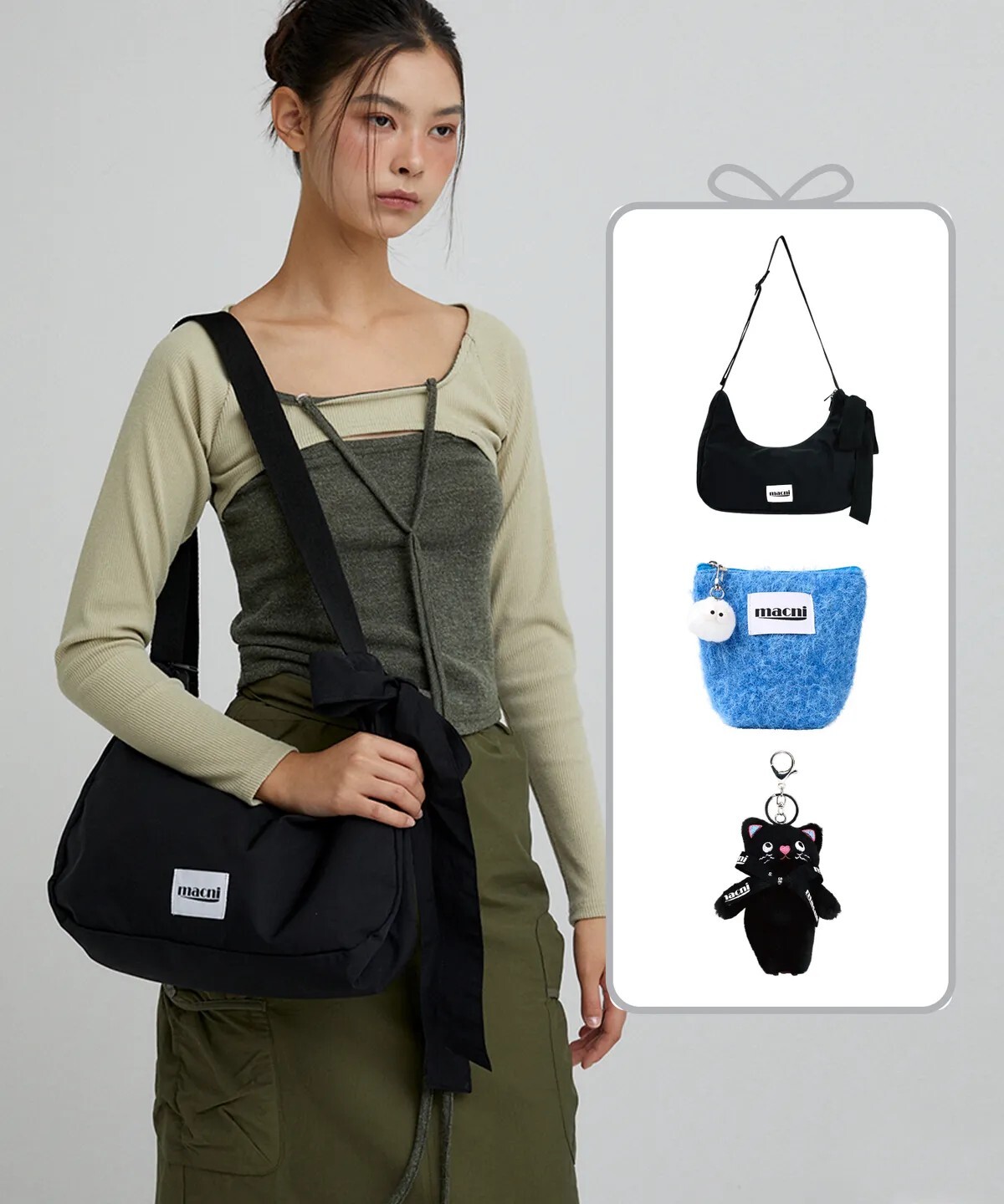 【預購】韓國 MACNI 三件組 新月包 毛絨小包 貓咪鑰匙圈