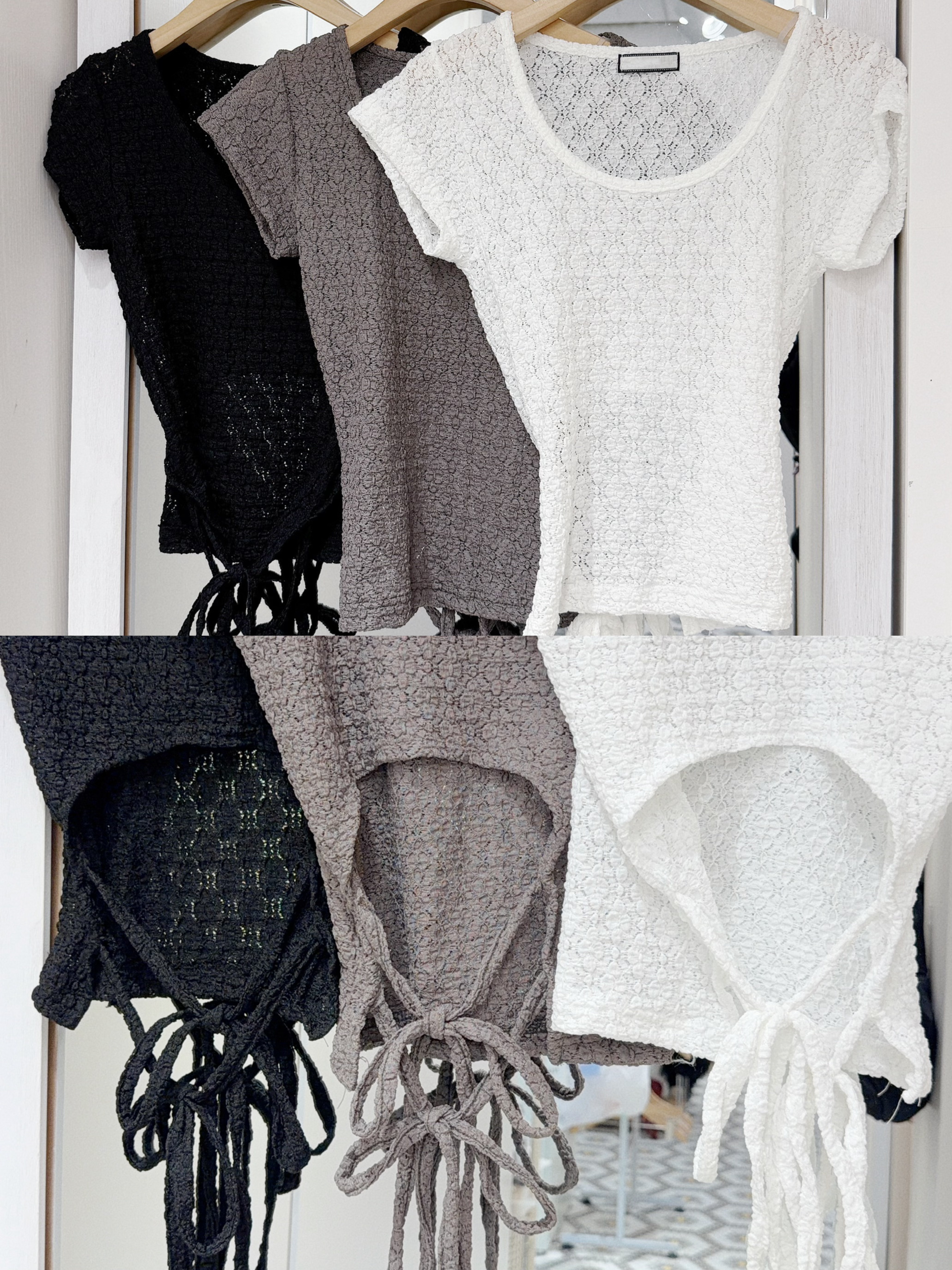 T1350｜粒粒手感₊˚⊹♡ 小透視後露背雙綁帶上衣