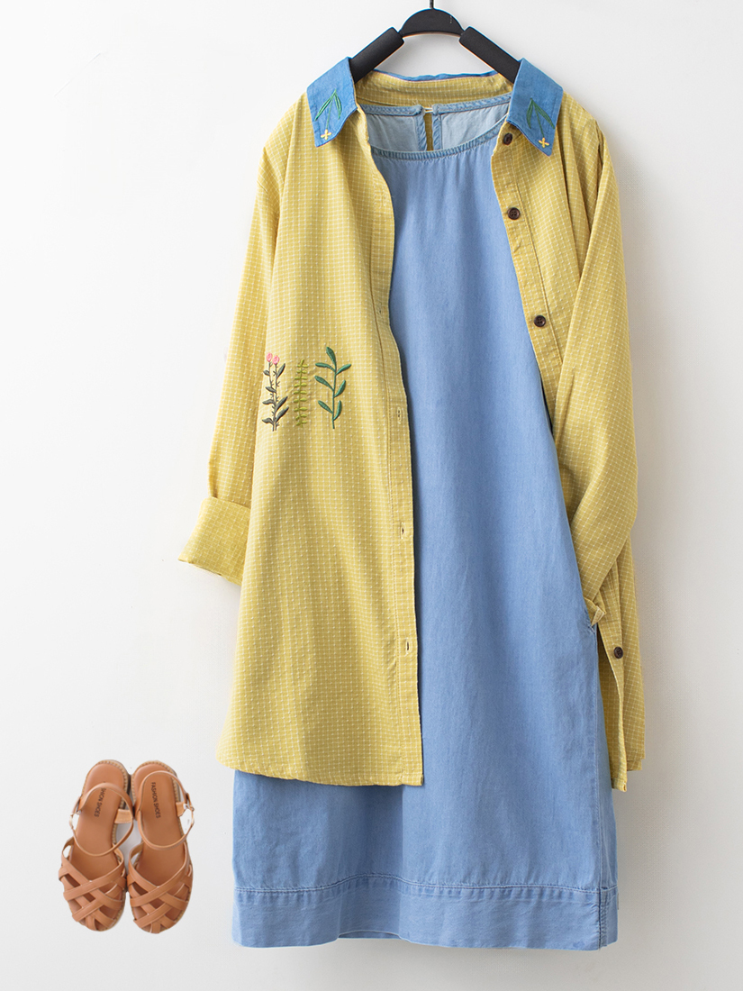 小花刺繡格紋提織襯衫牛仔圓領背心裙洋裝組合