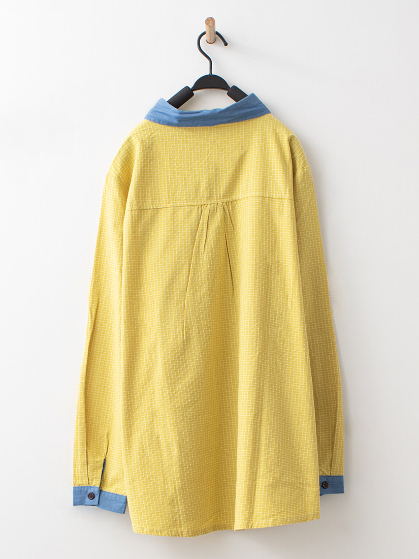 日系小花刺繡拼接格紋提織襯衫