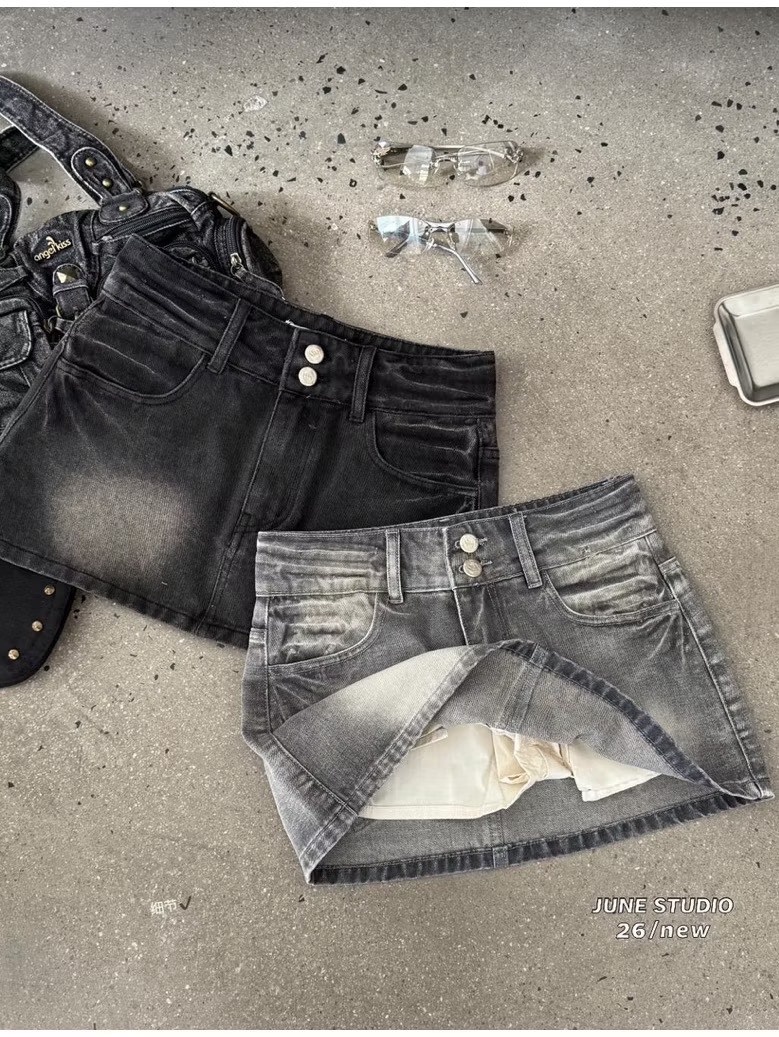(GOAL)復古刷色雙扣牛仔短裙 附皮帶 （安全褲設計 919233
