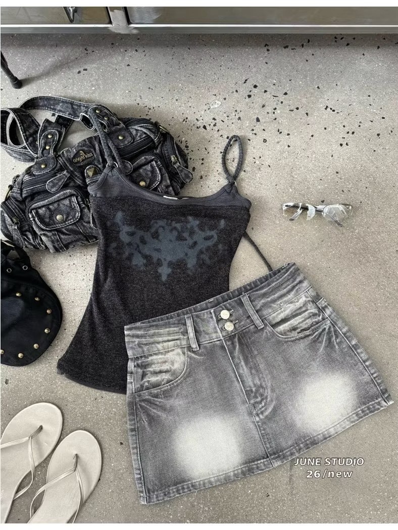 (GOAL)復古刷色雙扣牛仔短裙 附皮帶 （安全褲設計 919233