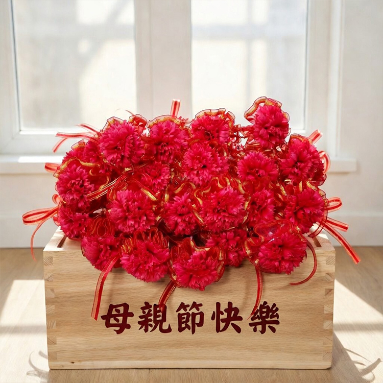 紅色康乃馨在木箱,母親節快樂,母親節康乃馨花束