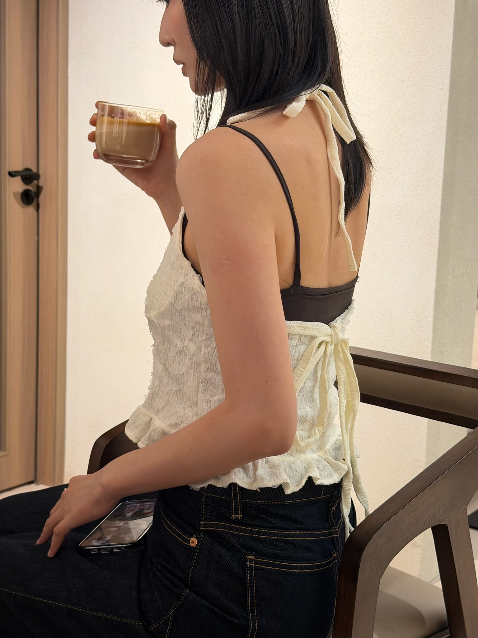 (新貨88折💓)可愛感掛頸花紋小背心 T260405(米白/黑)