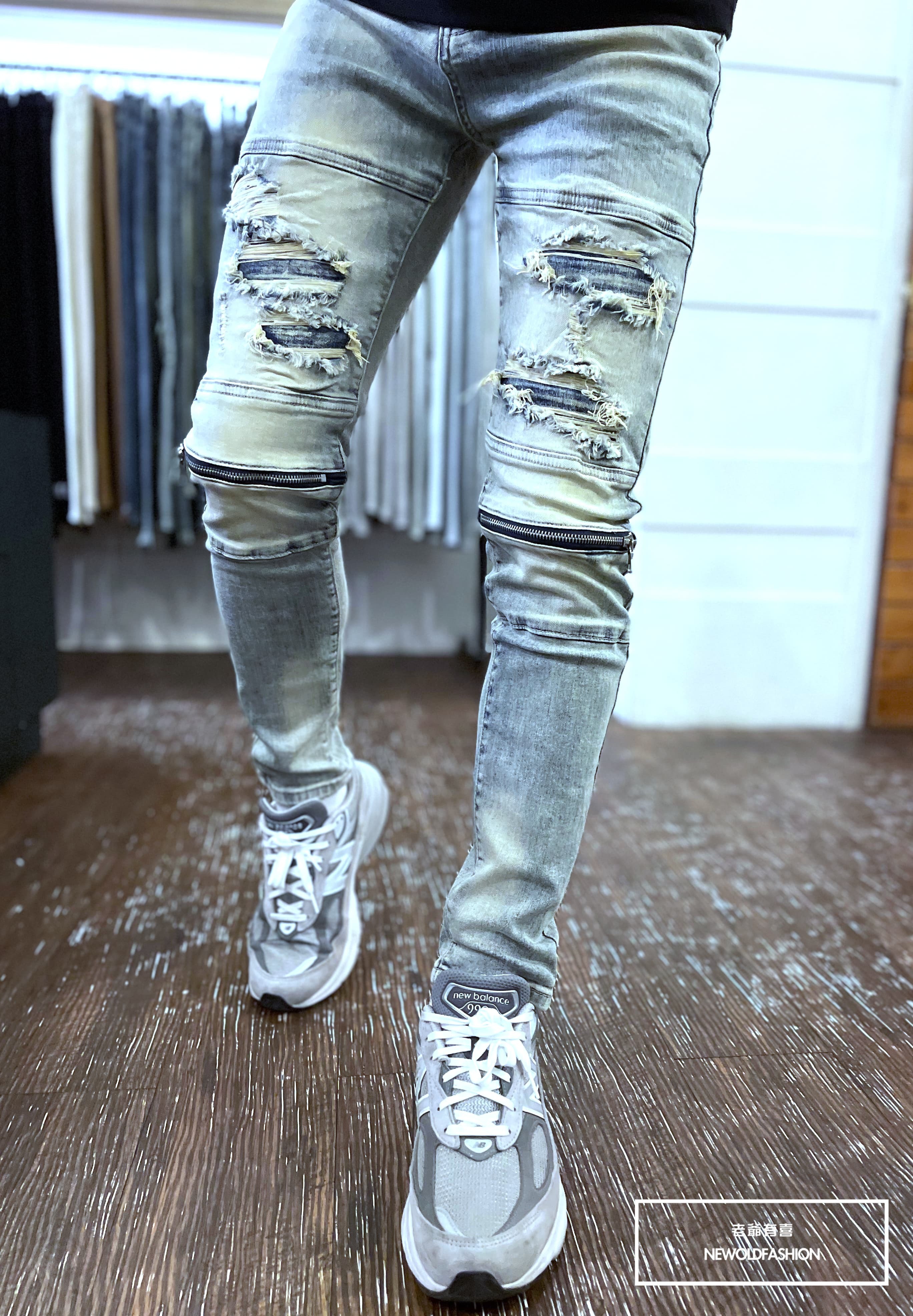 『官網限定』重磅極致藍抽鬚膝拉鍊小直筒褲(NOF26033051)