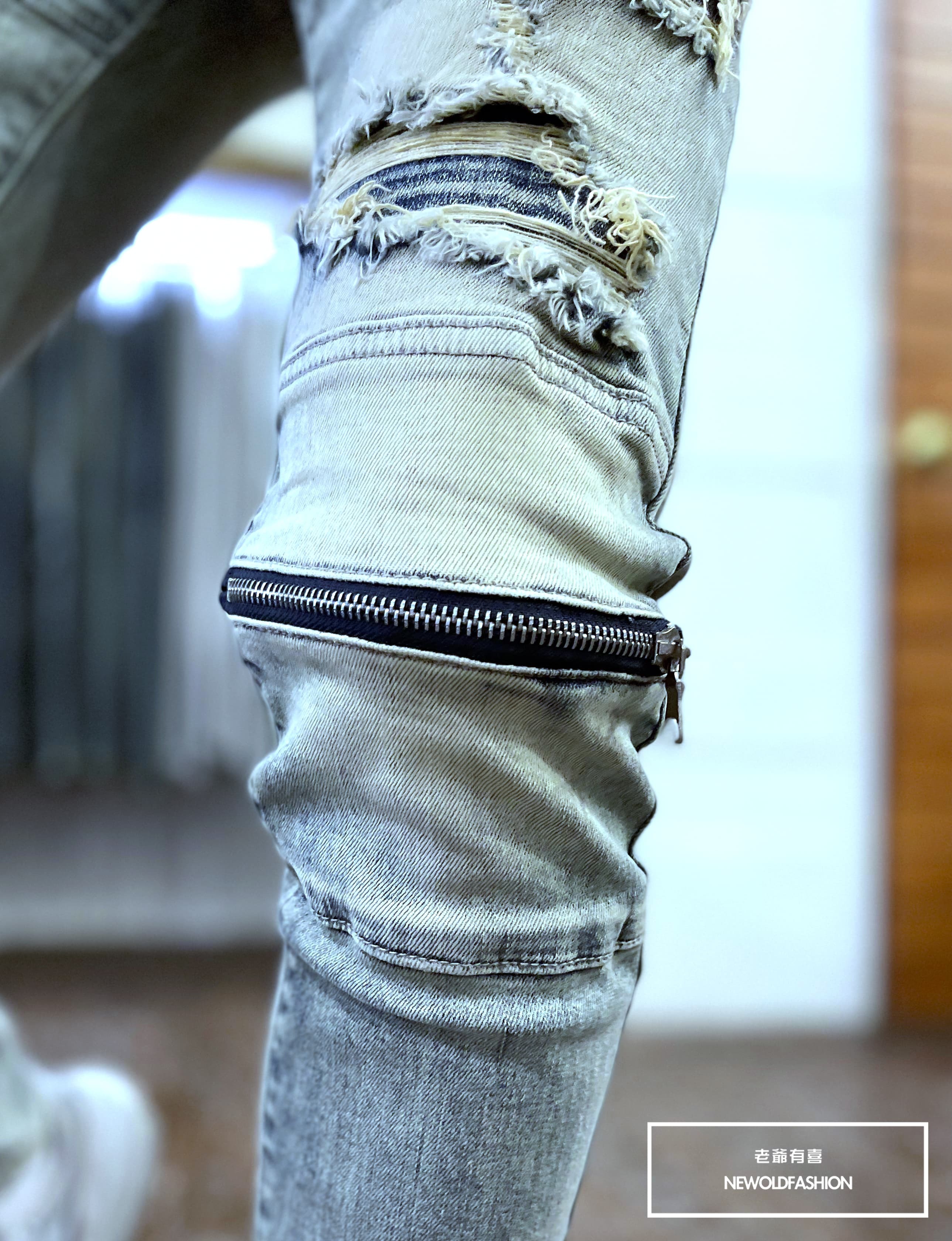 『官網限定』重磅極致藍抽鬚膝拉鍊小直筒褲(NOF26033051)