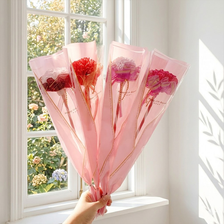 陽光下的單支皂花康乃馨花束，採用粉色霧面金邊包裝，包含紅、粉、紫等多種顏色選擇，適合母親節送禮。