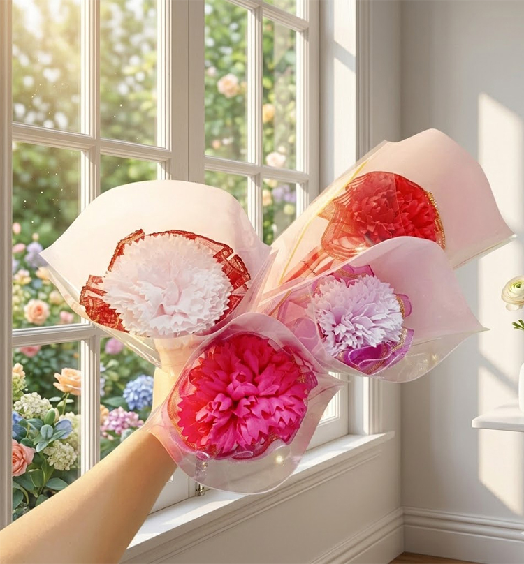 陽光下的單支皂花康乃馨花束，採用粉色霧面金邊包裝，包含紅、粉、紫等多種顏色選擇，適合母親節送禮。