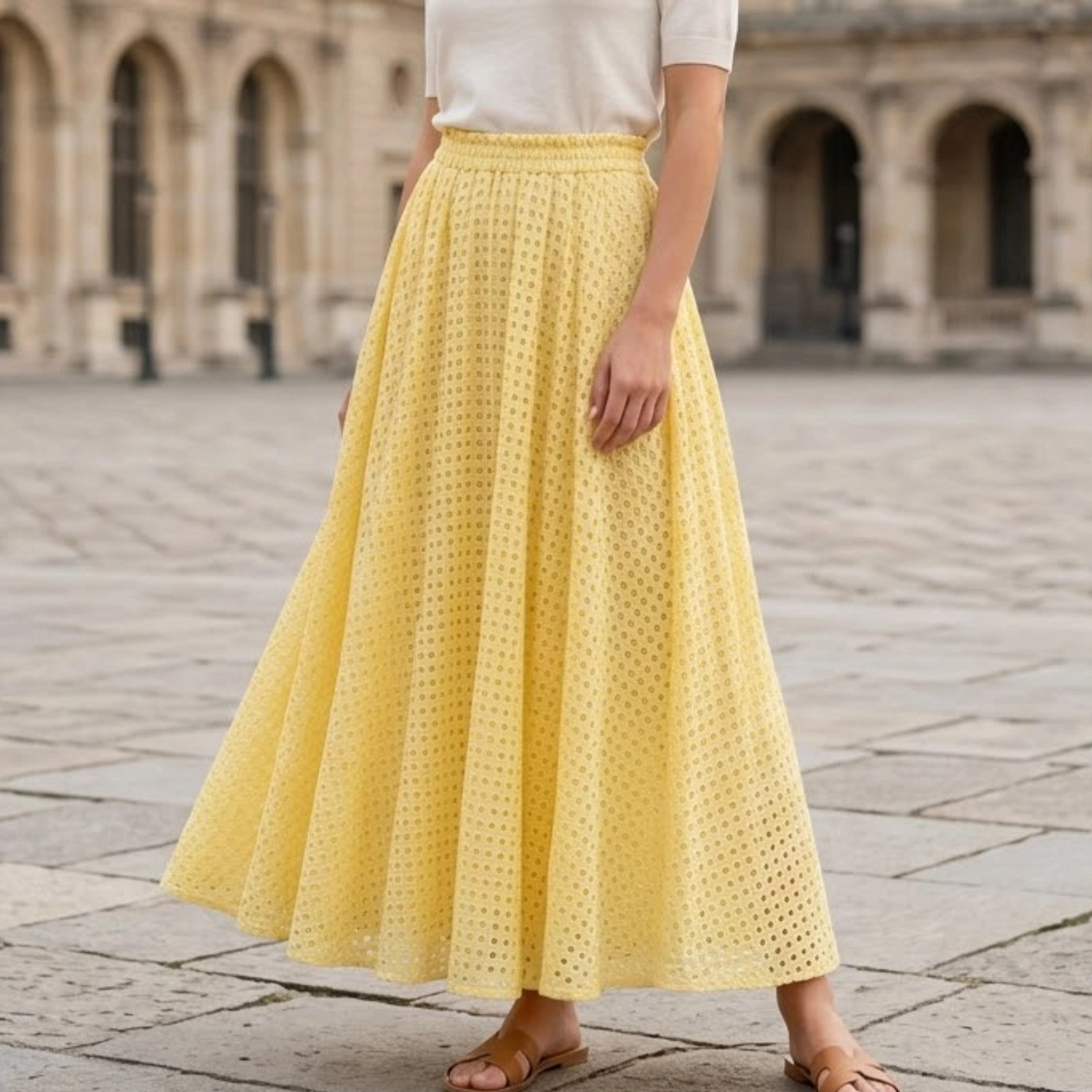 1SO0403-256 [SUNNY STUDIO] Long Embroidered Lace Skirt Yellow #142162 (EU)
