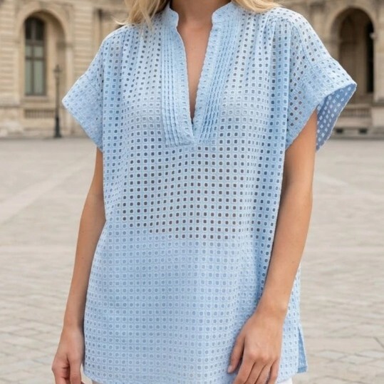 1SO0403-248 [SUNNY STUDIO] Lace-Trimmed Blouse Blue #63158 (EU)