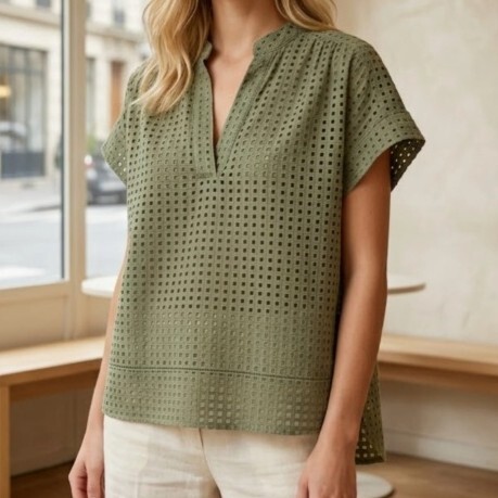 1SO0403-247 [SUNNY STUDIO] Lace-Trimmed Blouse Kaki #63158 (EU)