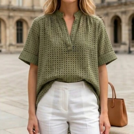 1SO0403-247 [SUNNY STUDIO] Lace-Trimmed Blouse Kaki #63158 (EU)