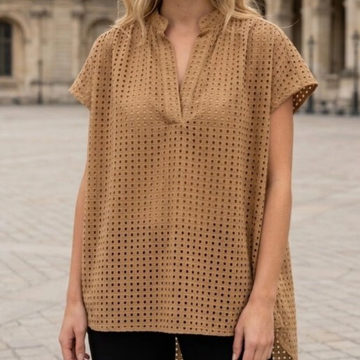 1SO0403-246 [SUNNY STUDIO] Lace-Trimmed Blouse Camel #63158 (EU)