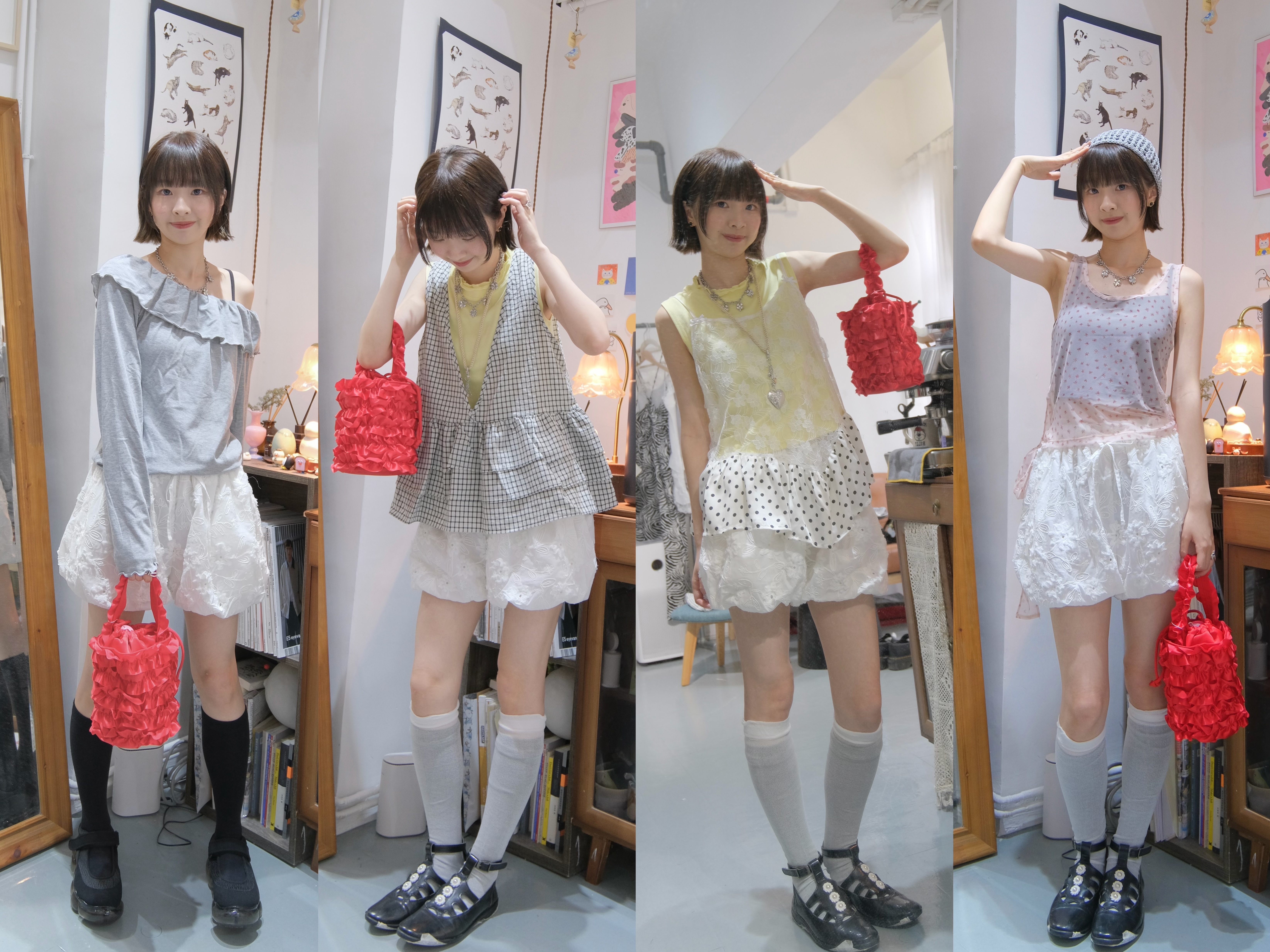 暗刺繡花泡泡短裙褲