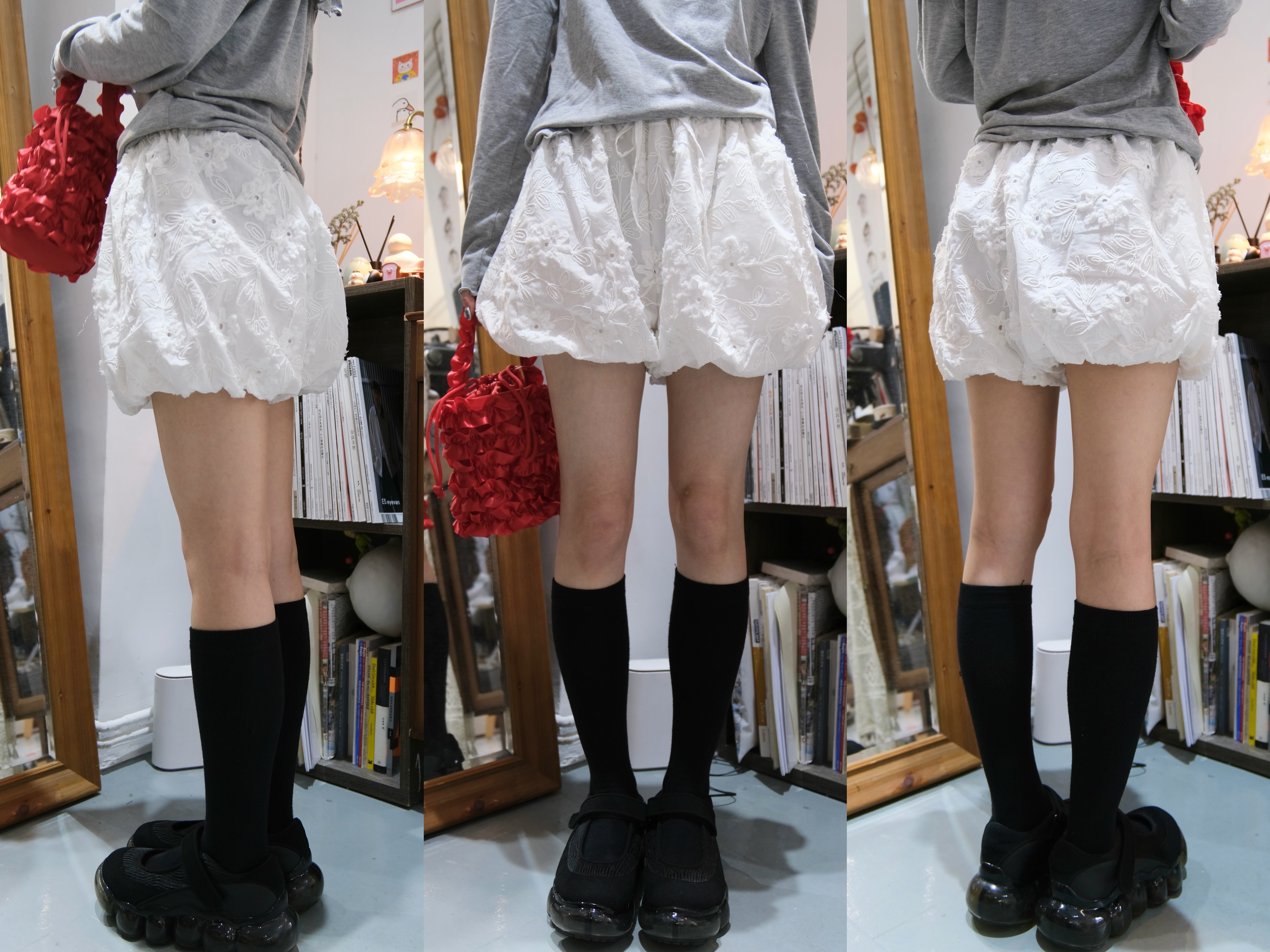 暗刺繡花泡泡短裙褲