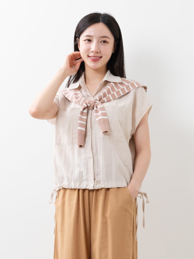 簡約自然棉麻感落肩抽繩上衣