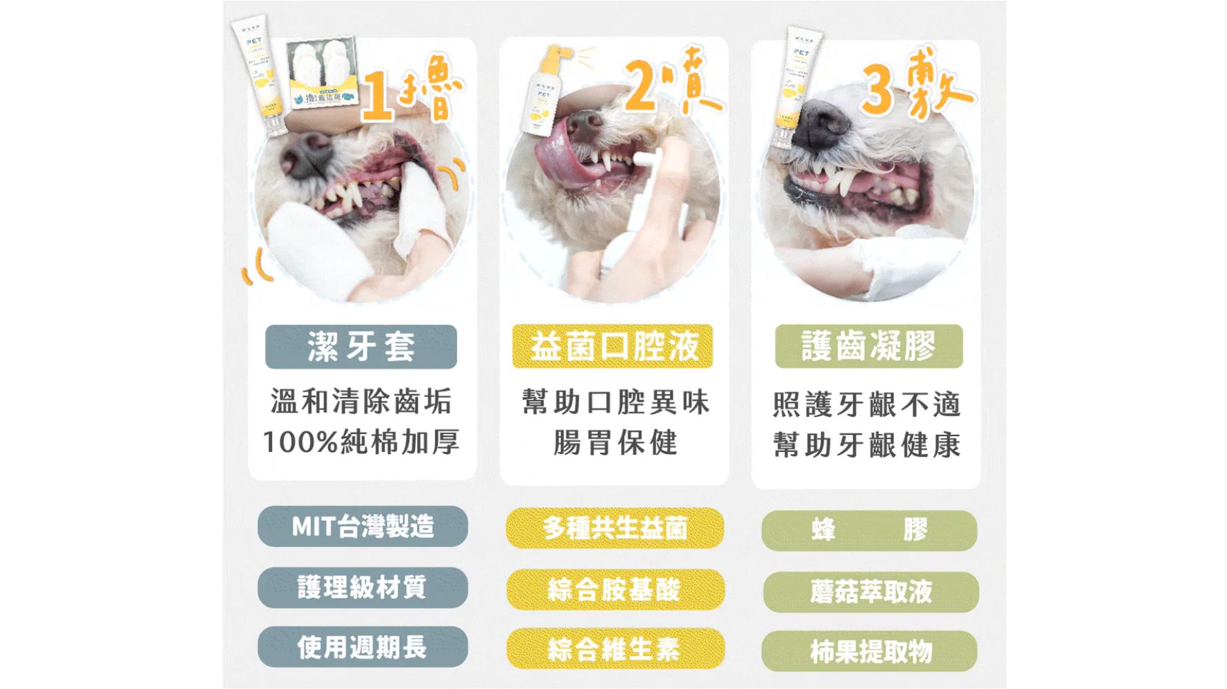 若貓咪不容易配合刷牙，也可以搭配潔牙輔助產品來加強口腔清潔，幫助減少口腔細菌滋生、降低牙菌斑累積，作為日常口腔保健的輔助方式。