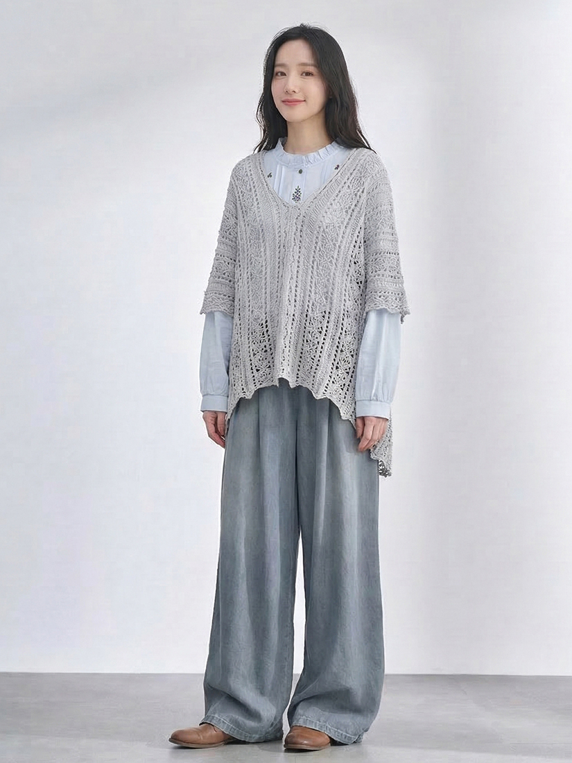 簍空罩衫小立領襯衫天絲棉寬褲組合