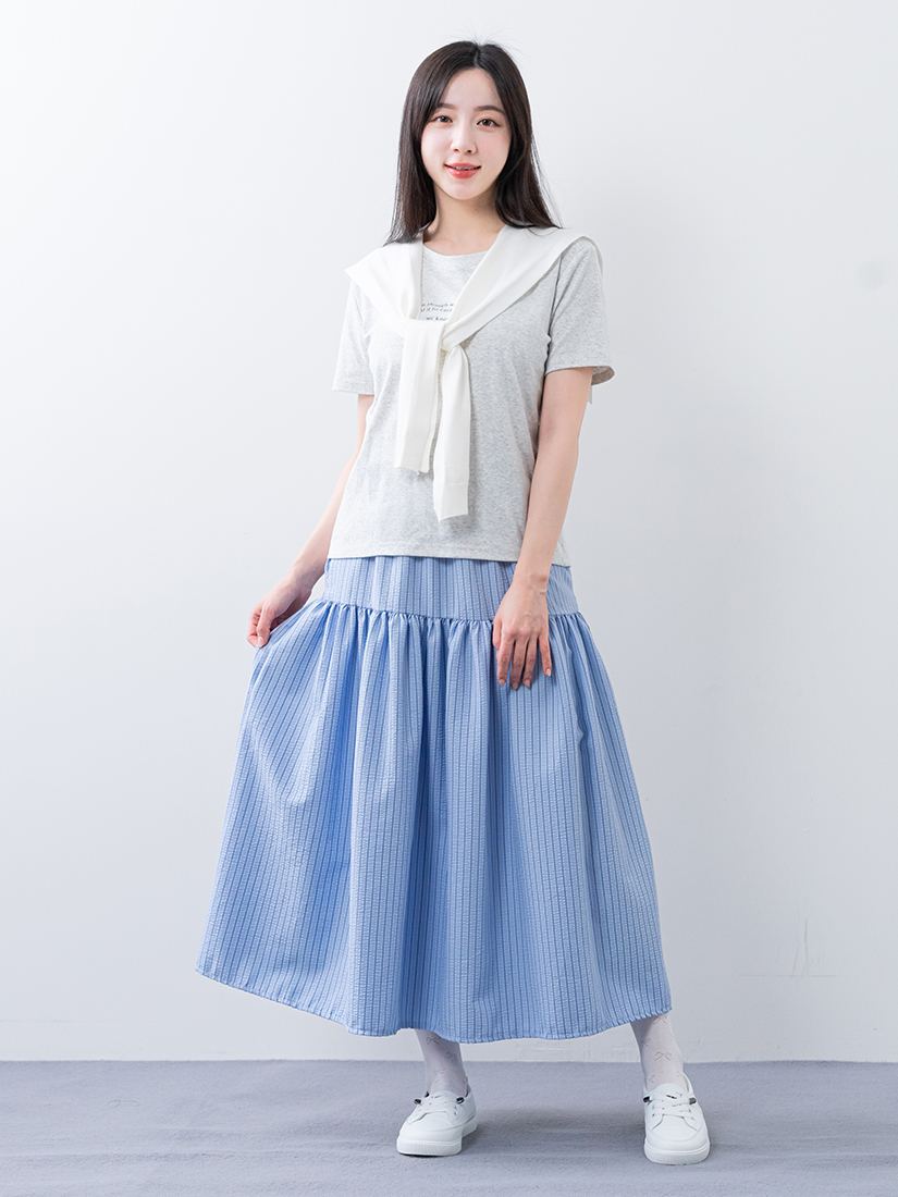 涼感棉印花短袖提織泡泡布抽皺剪接長裙組合